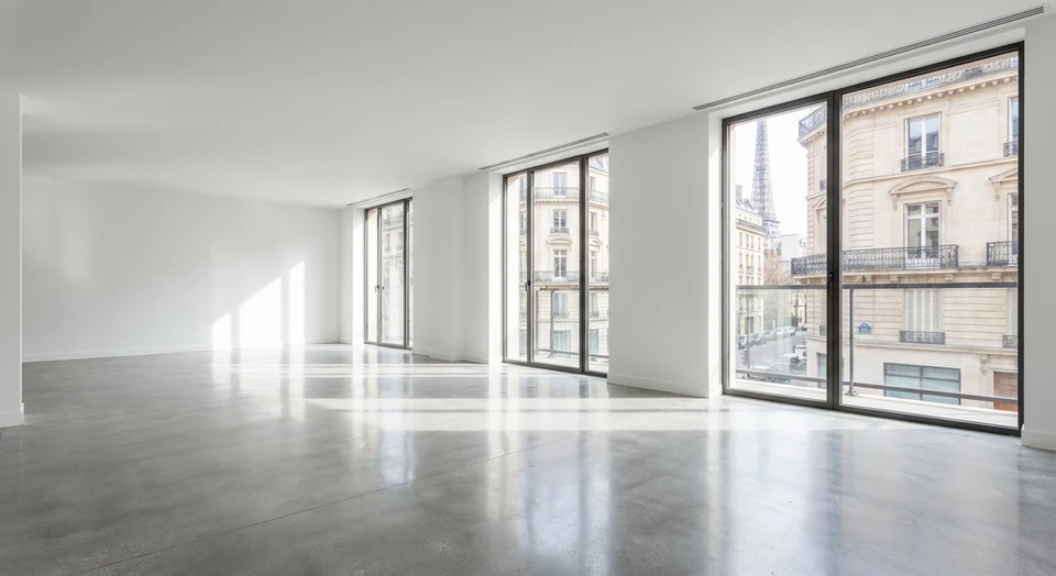 Photographie d'un espace intérieur de chantier ou de bâtiment en cours de rénovation, montrant après intervention un sol propre, des murs nets, une absence de débris et de poussière, avec une luminosité naturelle révélant un environnement prêt à l'exploitation. La scène doit transmettre l'efficacité et la rigueur du nettoyage professionnel post-travaux, sans présence de personne.