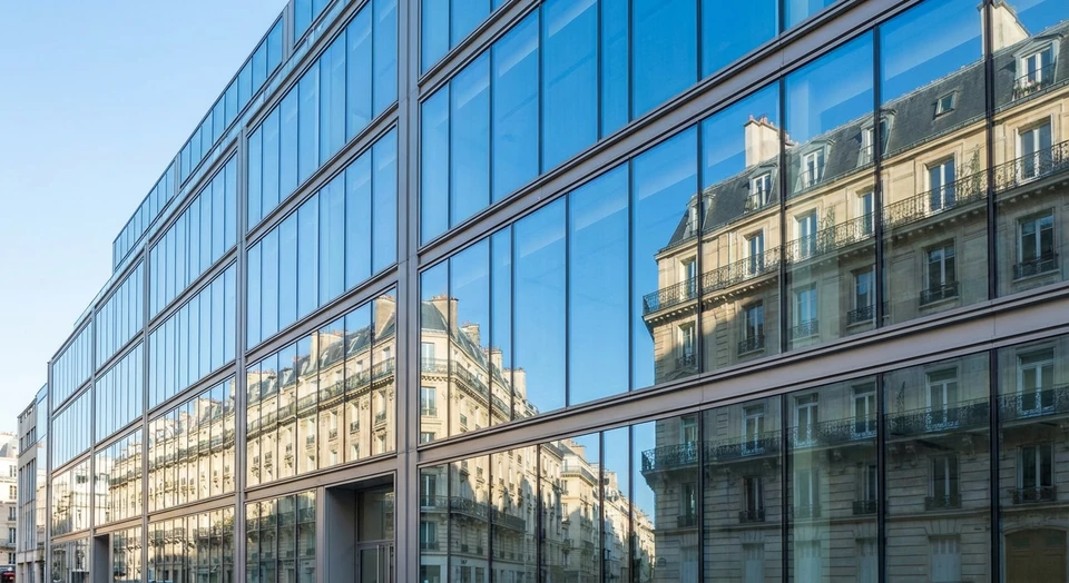 Façade d'immeuble de bureaux moderne en verre et acier, vitres et surfaces vitrées impeccablement propres reflétant la lumière naturelle et l'environnement urbain, démontrant clarté et transparence professionnelle. Prise de vue rapprochée montrant la brillance et l'absence de trace sur les surfaces vitrées, sans mannequins ni éléments commerciaux, juste la qualité visuelle des vitres nettoyées professionnellement.