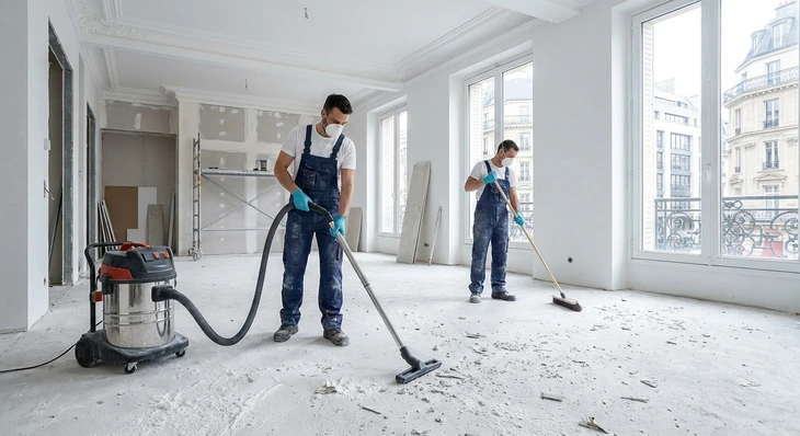 Chantier de rénovation d'appartement en cours avec ouvrier travaillant sur finitions