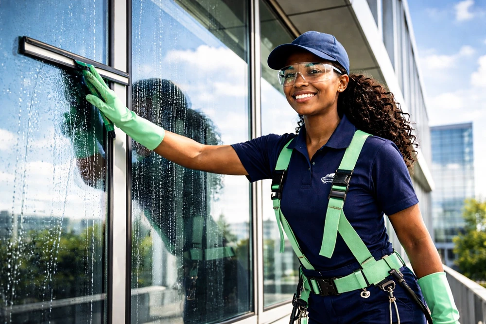 Photographie en int&eacute;rieur de bureau ou de chantier pendant les heures de nuit ou tr&egrave;s t&ocirc;t le matin, montrant une &eacute;quipe de nettoyage professionnel en action, v&ecirc;tue de tenues de travail et &eacute;quip&eacute;e d'outils professionnels (aspirateurs industriels, bacs de produits, v&ecirc;tements de protection), op&eacute;rant dans un environnement clairement professionnel B2B tel qu'un open-space, couloir d'entreprise ou zone de chantier. L'&eacute;clairage doit &eacute;voquer l'intervention en dehors des heures normales (lumi&egrave;re artificielle, ambiance de nuit). Aucune pr&eacute;sence de r&eacute;sidentiel.